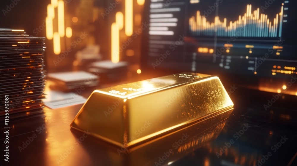 Poster gold bar displayed in high-tech business environment with financial charts close-up view wealth conc