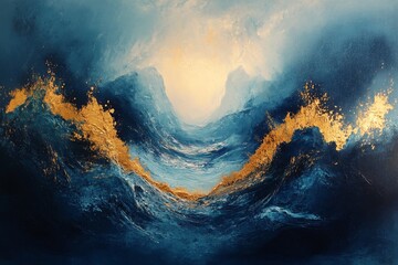 Naklejka premium Abstract art featuring bold blue strokes and gold accents on light background