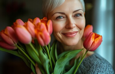 Senior woman smiles while holding a vibrant bouquet of tulips in a cozy indoor setting