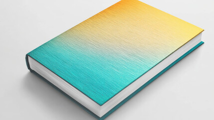 A top-down view of a sleek, modern book with sharp details, featuring a vibrant gradient cover transitioning from turquoise to gold