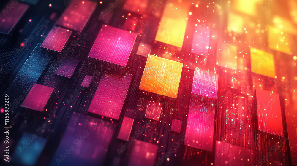 Poster vibrant abstract background with colorful glowing squares and lines in dynamic motion