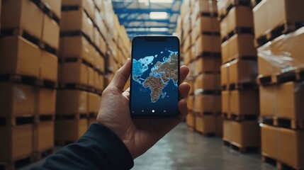 Warehouse logistics management global shipping smartphone technology industrial environment close-up view modern supply chain