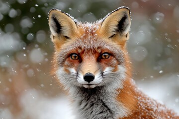 Fototapeta premium Red fox in snowy winter wonderland with flurries and sharp gaze