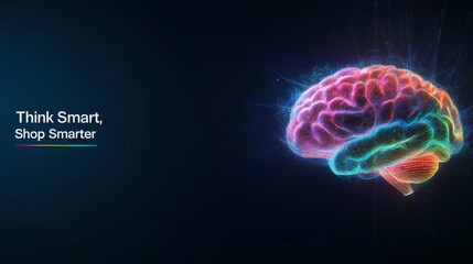 Fototapeta premium Neon brain illustration with 'think smart, shop smarter' text on dark background neurodiversity autism concept