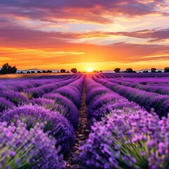 Obraz premium Serene Lavender Field at Sunset: Vibrant Purple Blossoms, Golden Hour Light, Tranquil Provence Landscape.