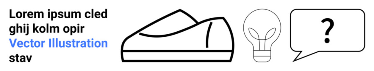 Black and white sneaker, light bulb, and speech bubble with question mark. Ideal for creativity, brainstorming, sports, footwear, innovation, conversation, and ideas. Landing page