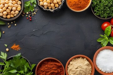 Assortment of chickpeas, spices, fresh herbs, and salt in bowls with cherry tomatoes and basil on a dark textured background. Flat lay composition with copy space. Vegan cooking and ingredient concept