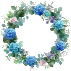 Elegant floral wreath with blue hydrangeas and pink roses on white background