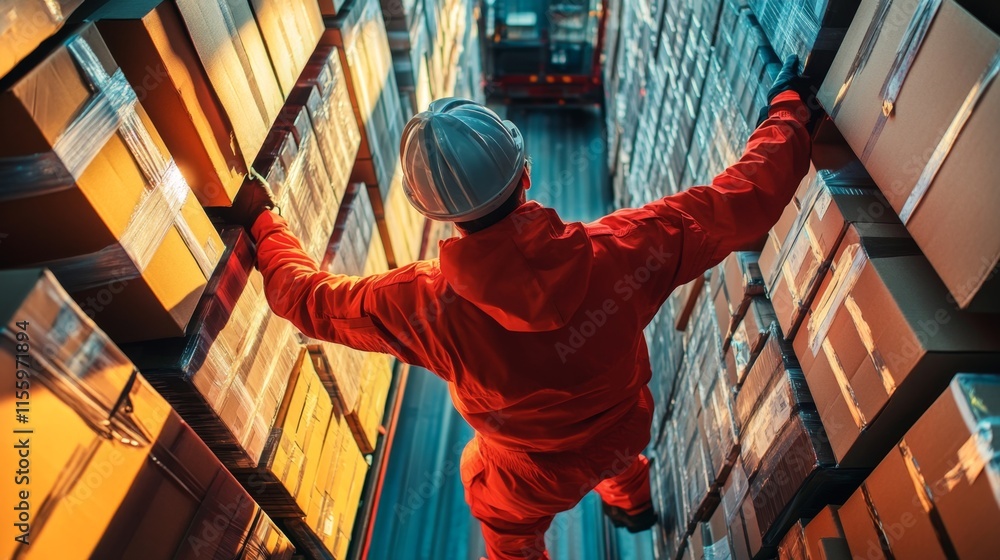 Poster warehouse operations worker organizing packages distribution center action scene evening lighting hi