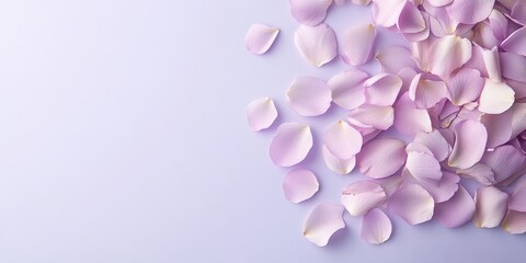 Obraz premium Delicate pink rose petals spread on light purple background