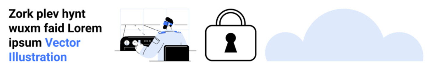 Man sitting at desk with a computer, a secure lock icon, and a cloud image. Ideal for cyber security, data protection, cloud computing, online privacy, tech support, remote work digital security
