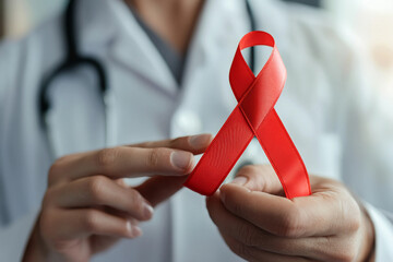 Close-up of healthcare professional holding red ribbon for AIDS awareness generative ai