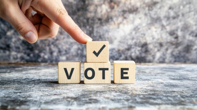 Hand pointing at wooden blocks spelling "VOTE" with a checkmark