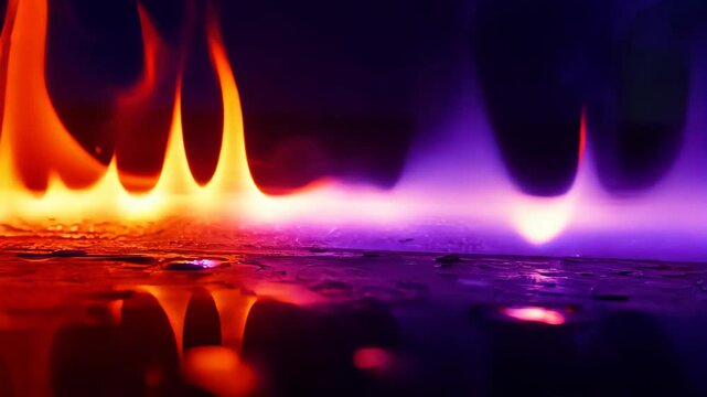 Colorful transition of flames: yellow, orange, and blue fire stages in motion