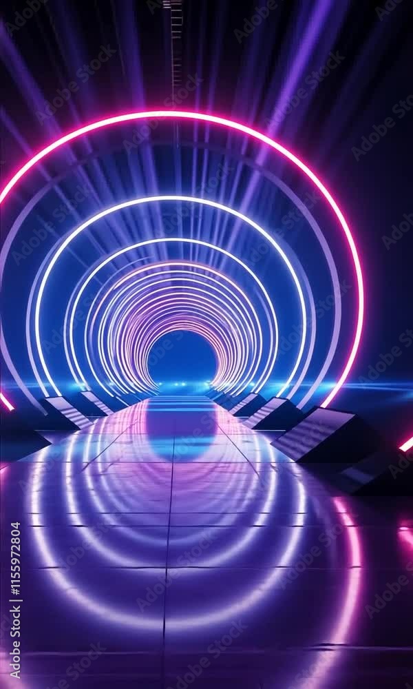 Poster vibrant tunnel with glowing neon lights creates futuristic atmosphere, featuring circular reflection