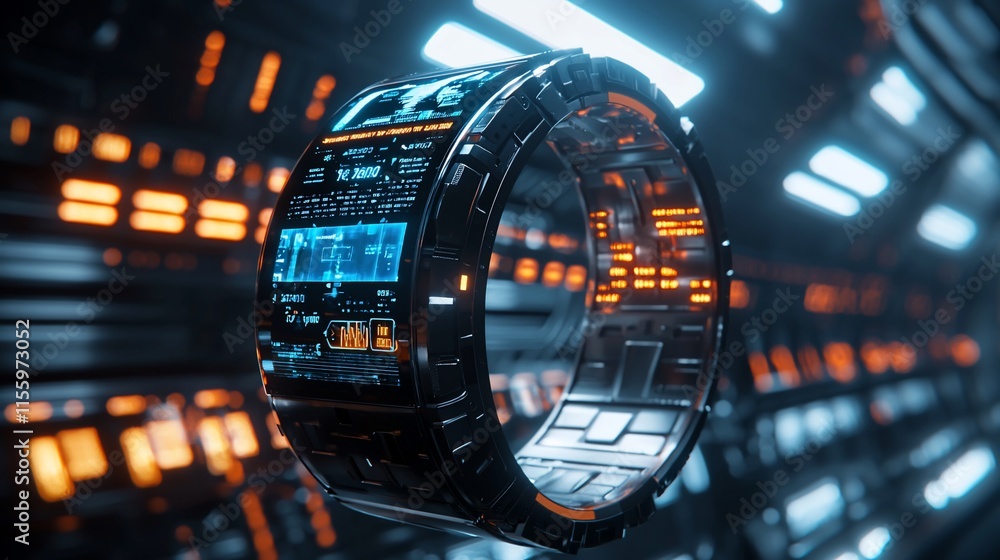 Poster futuristic smartwatch with holographic display.