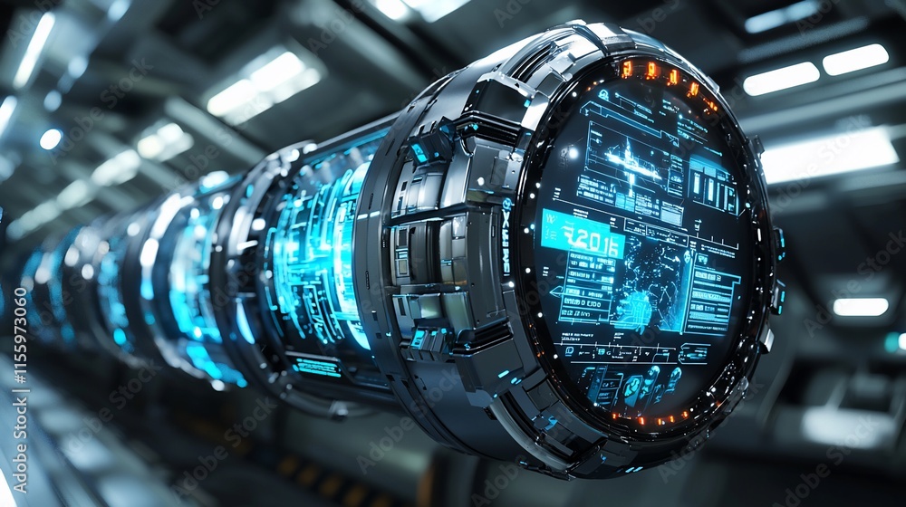 Poster futuristic technology cylinders with glowing displays in a sci-fi setting.