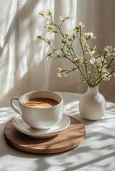 Coffee mug on wooden coaster next to flowers in a cozy setting