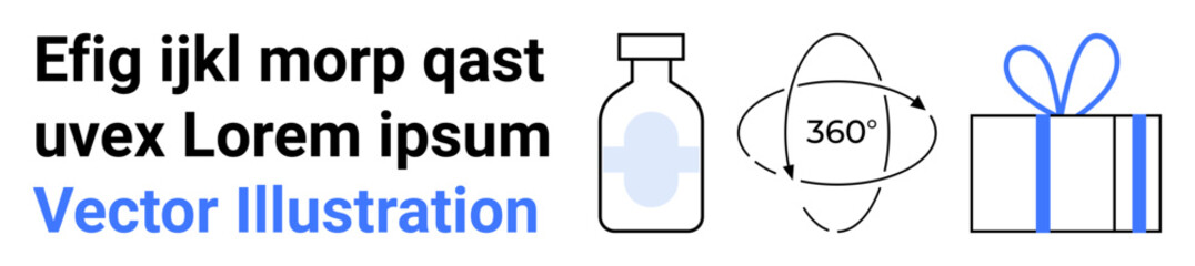 Placeholder text next to a medical vial, 360-degree rotation symbol, and a wrapped gift box with blue ribbon. Ideal for design concepts, medical themes, packaging ideas, virtual reality, animation