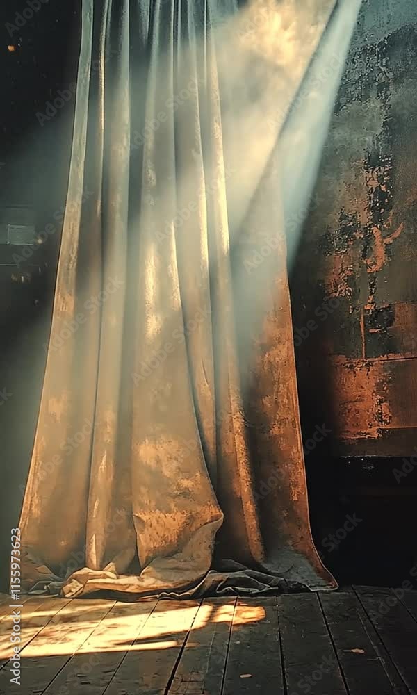 Poster dramatic interior scene with soft beams of light filtering through textured curtain, creating warm a