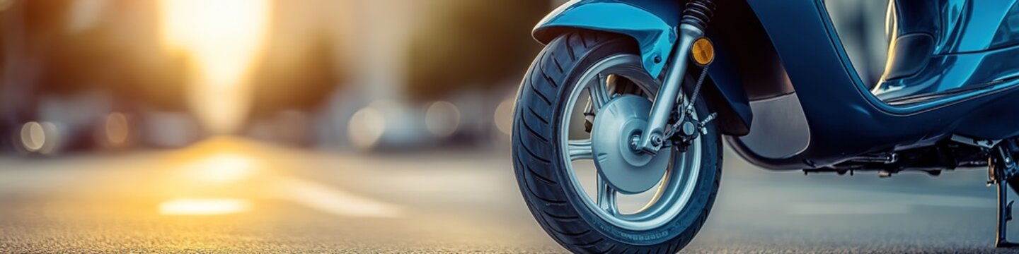 Close-up of scooter wheel on city street, sunlight casting warm