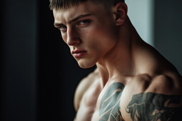 Obraz premium Strong, shirtless man performing weightlifting exercises generative AI technology