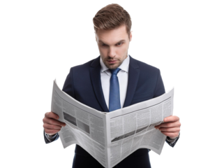 Man reading newspaper isolated on white background, cutout