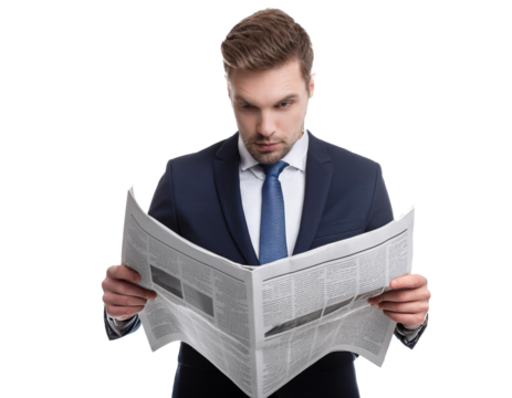 Man reading newspaper isolated on white background, cutout - Powered by Adobe