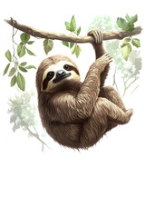 Fototapeta premium Amazon Animals, Sloth in the Forest, Art, Image, with Transparent Background PNG, for Stickers, T-Shirt Print, Cap, Mug, Flip Flops, Mousepad, Transparent PNG