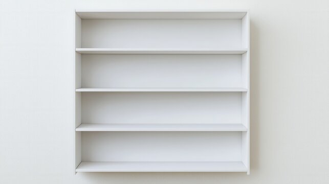 Minimalist empty white bookshelf against plain wall for interior design and organization concepts