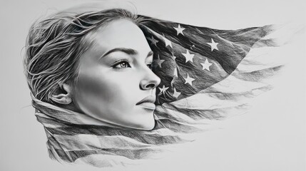 A monochromatic portrait of a young Caucasian woman, her face partially obscured by an American flag draped around her shoulders, evoking a sense of patriotism and contemplation.