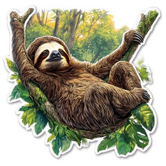 Fototapeta premium Amazon Animals, Sloth in the Forest, Art, Image, with Transparent Background PNG, for Stickers, T-Shirt Print, Cap, Mug, Flip Flops, Mousepad, Transparent PNG
