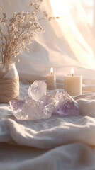 Crystals and candles on a fabric background.