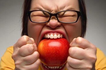 With glasses on but lacking teeth, an elderly woman finds it tough to eat red apples, reflecting on the dental health issues and the healthcare considerations pertinent to seniors.