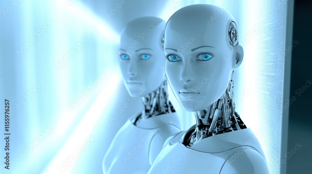 Poster futuristic robots in a soft light industrial setting