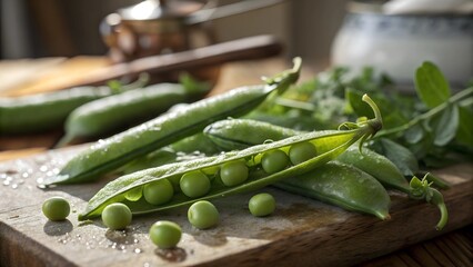 Fresh Green Peas in Pod on Wooden Table with Natural Light