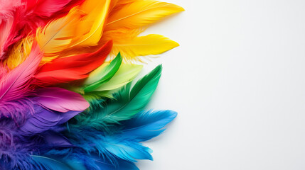 Delikatne pióra w kolorach tęczy na białym tle, tworzące harmonijną reprezentację ducha flagi LGBT, z przestrzenią na tekst lub grafikę.