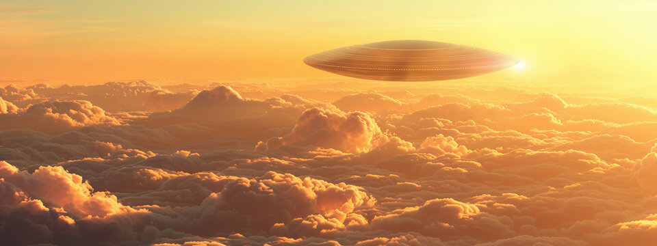 UFO flying over clouds with copy space