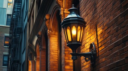 Classic building architecture in New York City. The outside of a residential urban home. real estate in the United States. A typical facade made of red brick. Stone Street.
