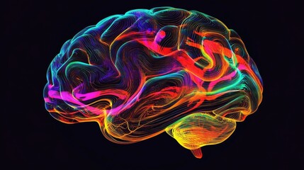 Vibrant digital illustration of a brain, showcasing its intricate network of interconnected pathways in a spectrum of colors against a black background.