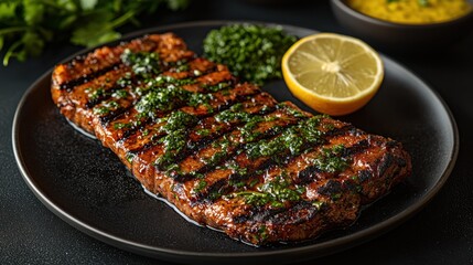 Grilled steak with chimichurri sauce and lemon.