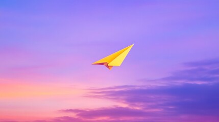 Graceful paper plane soaring above colorful sunset sky outdoor scene photography dreamy atmosphere aerial perspective