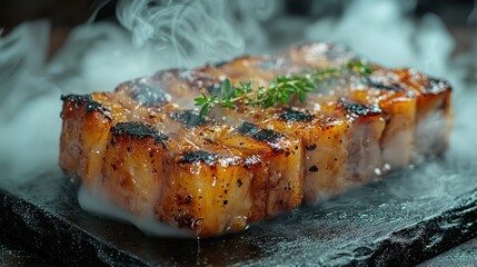 Grilled steak with smoke on a hot stone.
