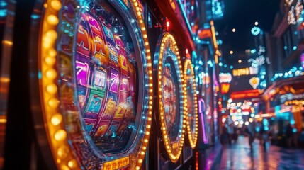 Vibrant fairground at dusk with colorful lights and spinning rides
