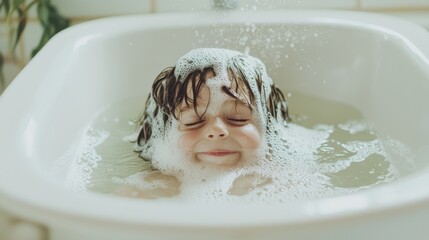 Playful child enjoying bath time with bubbles
