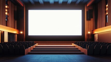 Empty movie theater with a large, bright screen. Rows of plush seats await the audience. The warm lighting and wooden accents create a classic cinematic atmosphere.