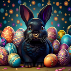 Dark colored Easter bunny surrounded by vibrant colored Easter Eggs, concept for holiday, celebration, tradition.