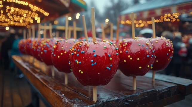 Bright red candy apples arranged on sticks at a festive fair