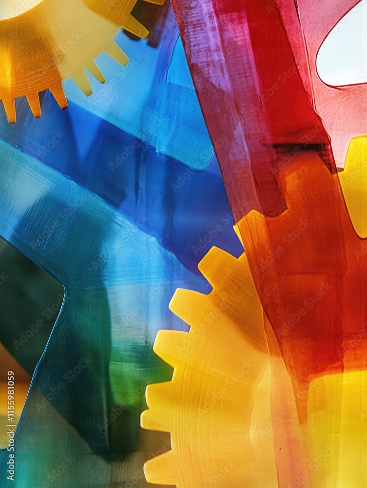 Poster abstract composition of colorful gears representing innovation and collaboration.