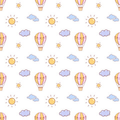 Seamless pattern with cute balloons and clouds on a white background. Children's illustration in a funny cartoon style. Baby vector Illustration.